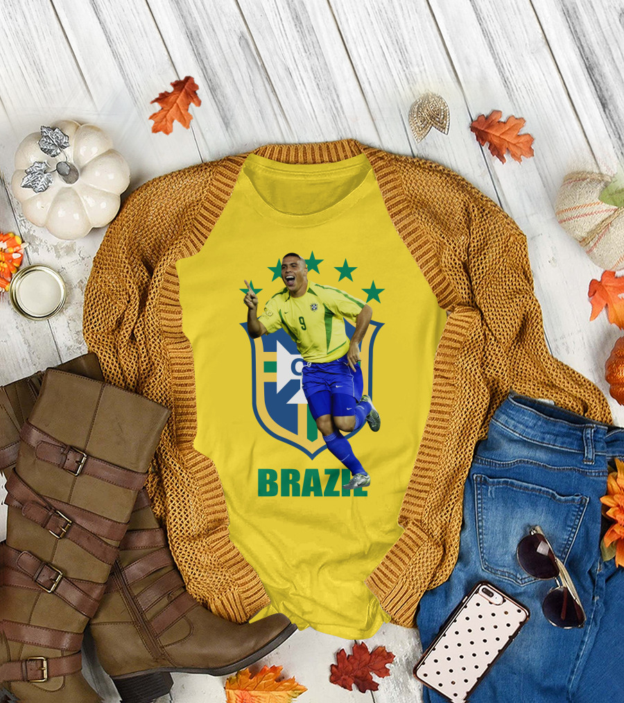 Ronaldo Brazil Soccer Legend Number 9 with Team Crest and Stars T-Shirt