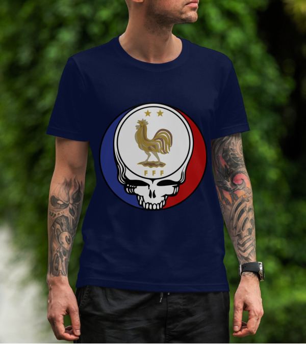Equipe De France De Football Grateful Dead FFF Rooster Skull Red White Blue T-Shirt