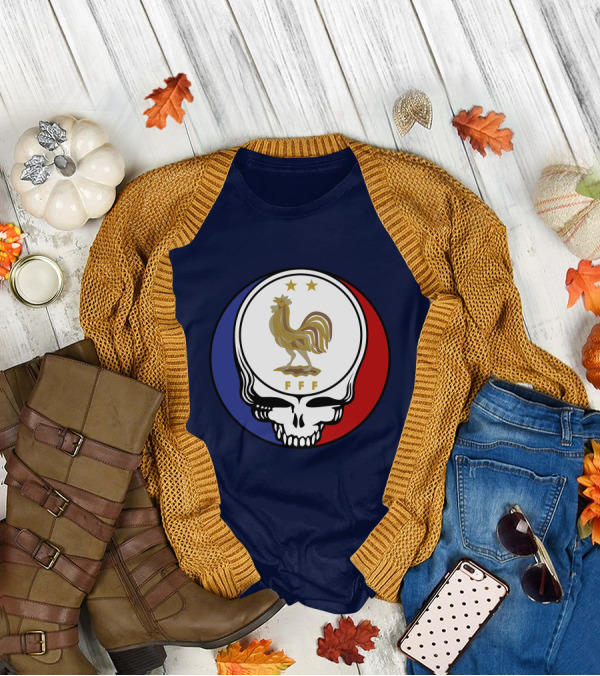 Equipe De France De Football Grateful Dead FFF Rooster Skull Red White Blue T-Shirt