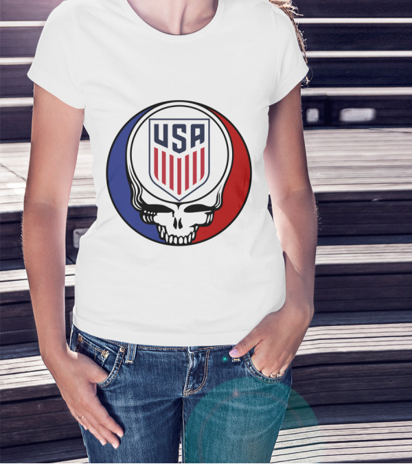USA Soccer Grateful Dead Skull Logo Red Blue Badge T-Shirt