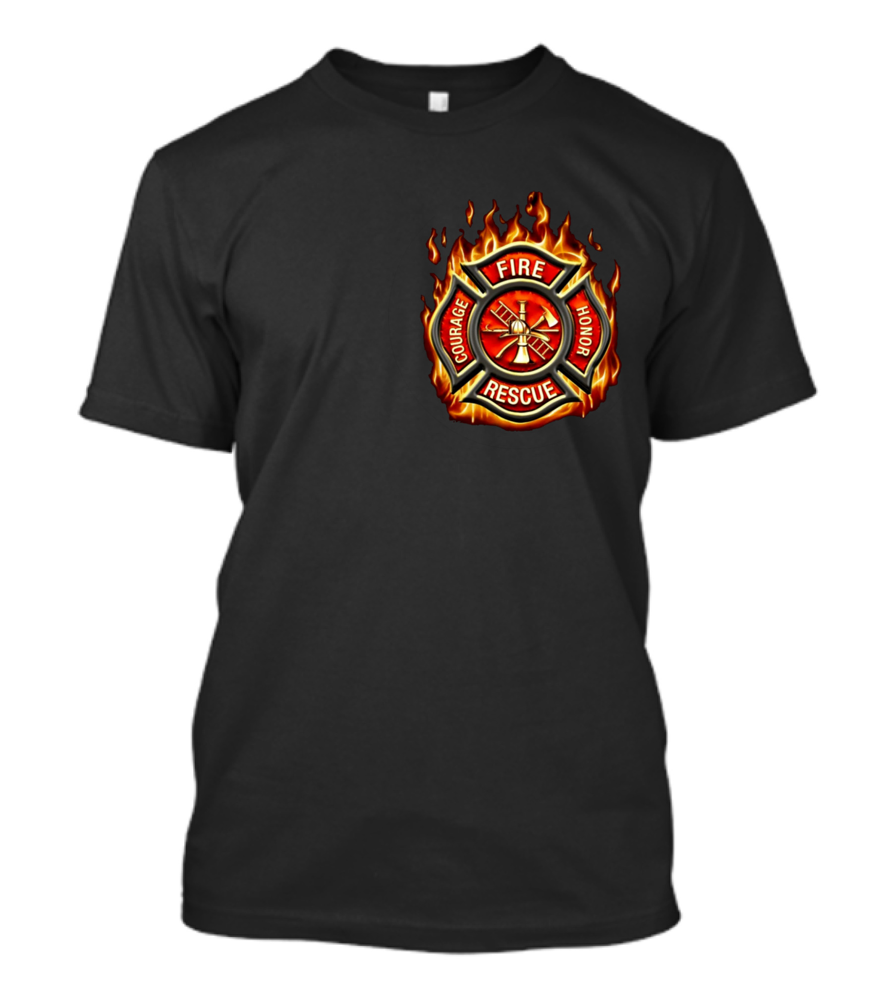 FIREFIGHTER AMERICAN MADE COURAGE HONOR FIRE RESCUE FLAME EMBLEM T-Shirt