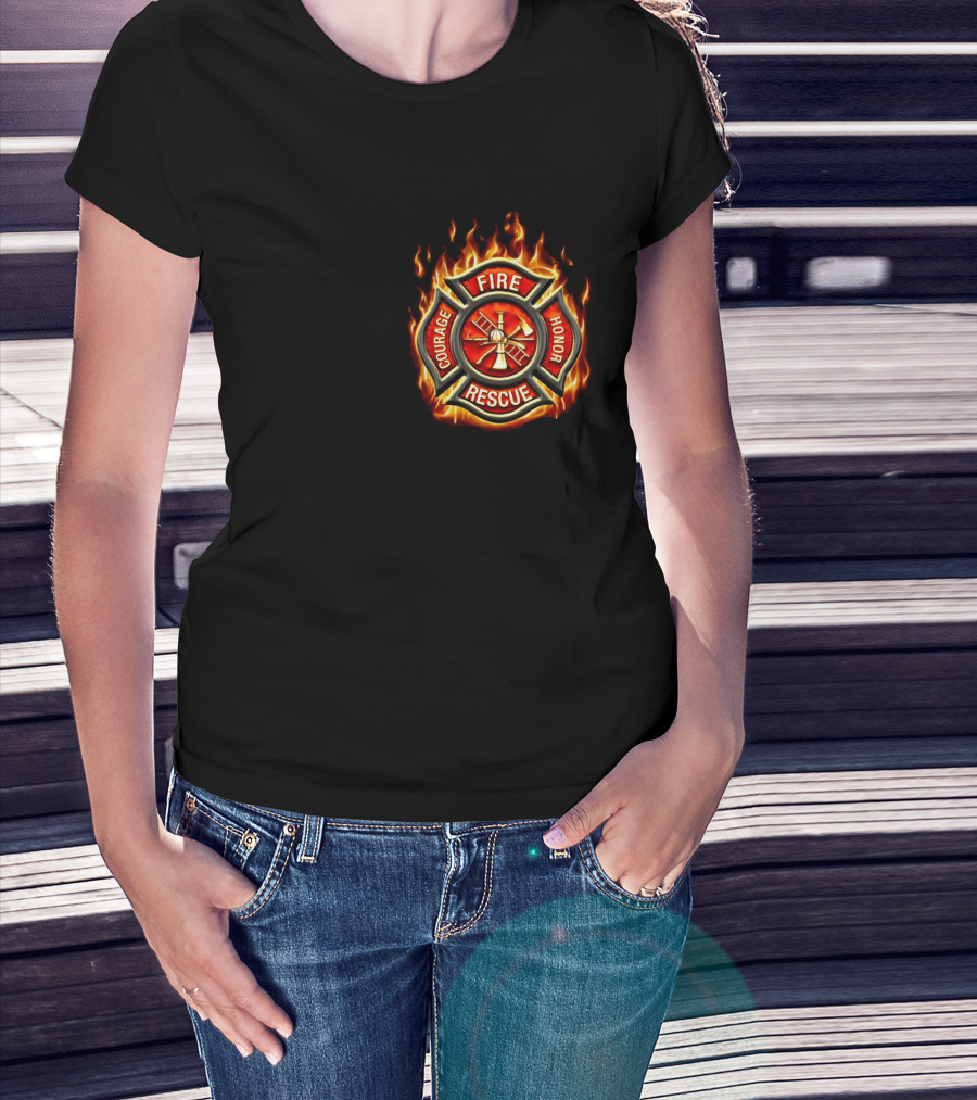 FIREFIGHTER AMERICAN MADE COURAGE HONOR FIRE RESCUE FLAME EMBLEM T-Shirt