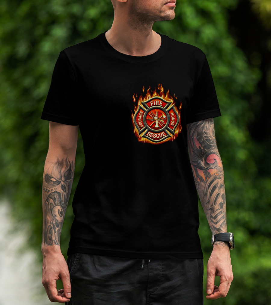 FIREFIGHTER AMERICAN MADE COURAGE HONOR FIRE RESCUE FLAME EMBLEM T-Shirt