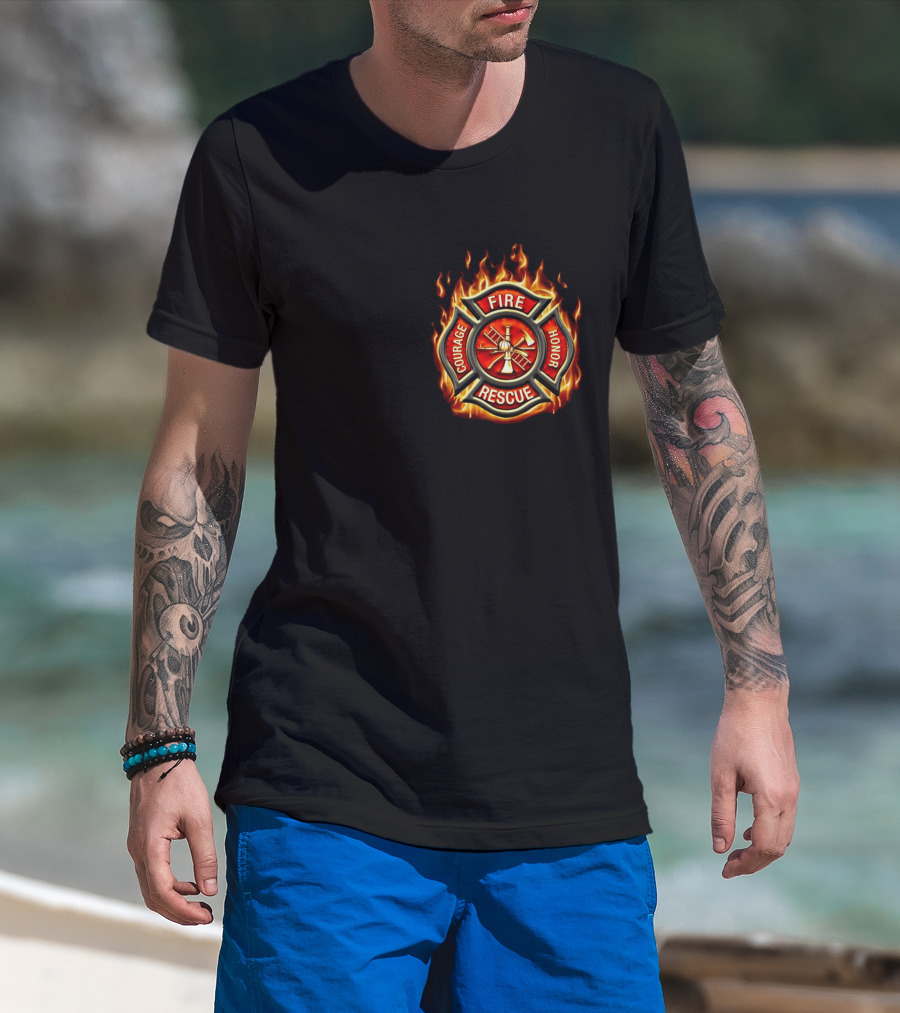FIREFIGHTER AMERICAN MADE COURAGE HONOR FIRE RESCUE FLAME EMBLEM T-Shirt