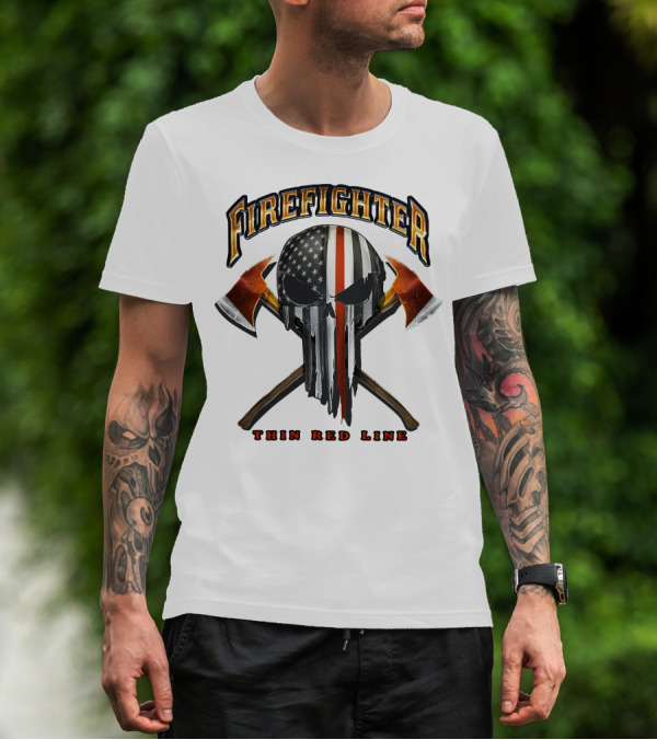 FIREFIGHTER THIN RED LINE PUNISHER SKULL AMERICAN FLAG CROSSED AXES T-Shirt