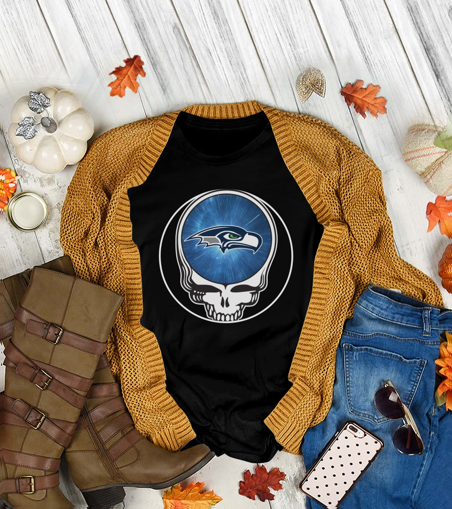 Seattle Seahawks Grateful Dead Styled Skull Emblem T-Shirt