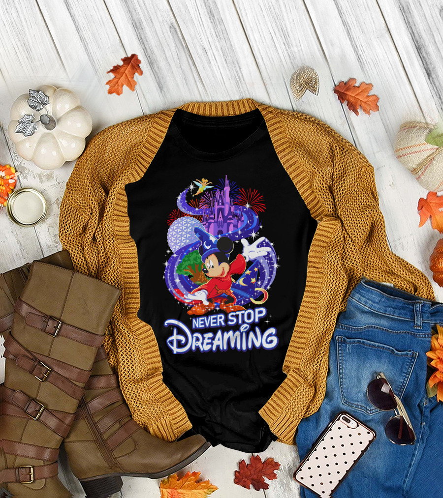Never Stop Dreaming Mickey Sorcerer Castle Fireworks T-Shirt