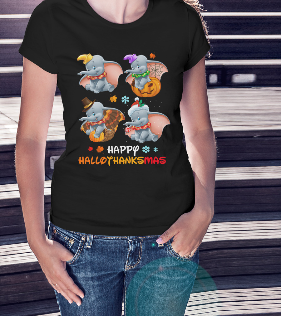 Happy Hallothanksmas With Dumbo In Halloween Thanksgiving Christmas Themes T-Shirt
