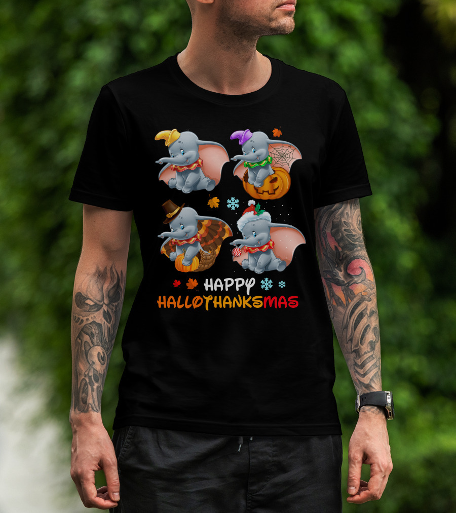 Happy Hallothanksmas With Dumbo In Halloween Thanksgiving Christmas Themes T-Shirt