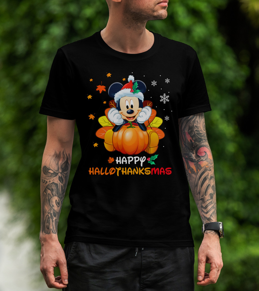Happy Hallothanksmas Mickey Pumpkin Festive Leaves Snowflakes T-Shirt