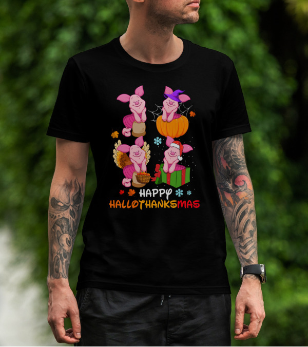 Happy HALLOTHANKSMAS Piglet In Pumpkin Turkey And Gift Box T-Shirt