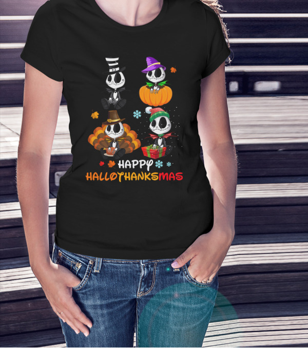 Jack Skellington Happy HALLOTHANKSMAS Pumpkin Witch Hat Turkey Santa Gift Snowflake Leaves T-Shirt