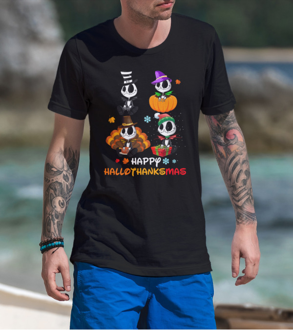 Jack Skellington Happy HALLOTHANKSMAS Pumpkin Witch Hat Turkey Santa Gift Snowflake Leaves T-Shirt