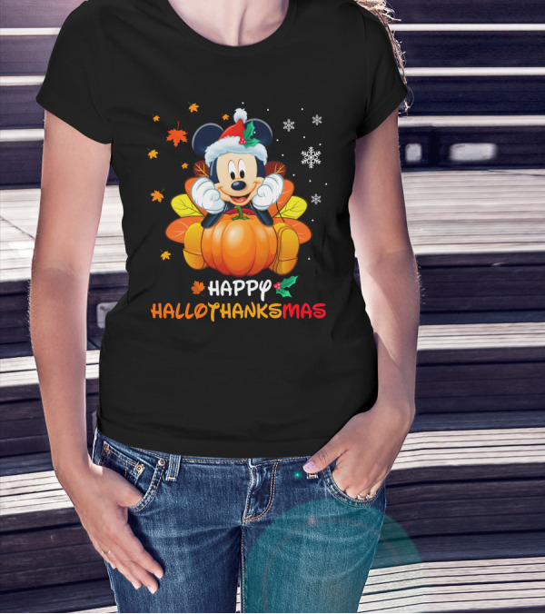 Happy HALLOTHANKSMAS Mickey Mouse Santa Pumpkin Leaves Snowflakes T-Shirt