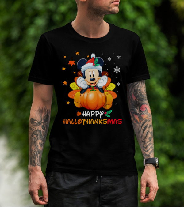 Happy HALLOTHANKSMAS Mickey Mouse Santa Pumpkin Leaves Snowflakes T-Shirt