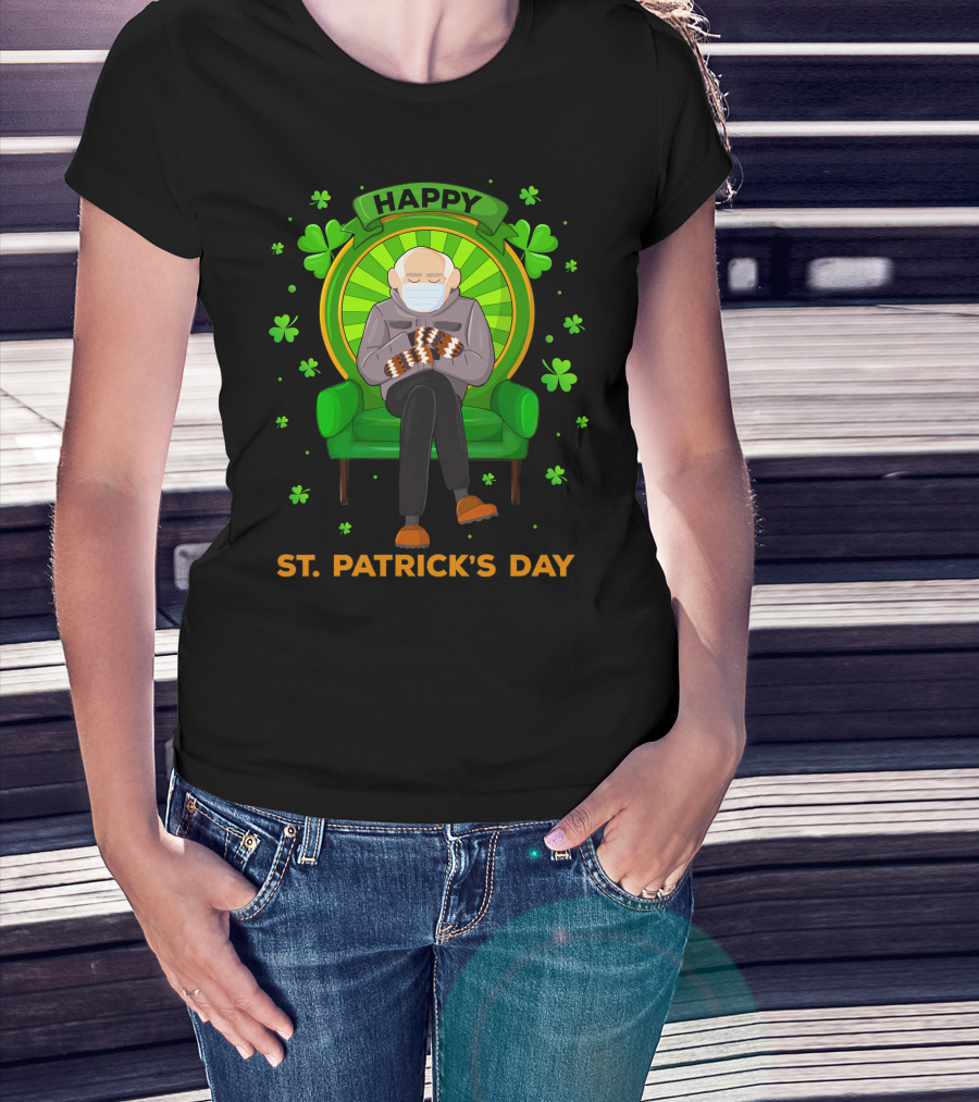 Happy St. Patrick's Day Masked Sitting Man With Mittens Surrounded By Clovers T-Shirt