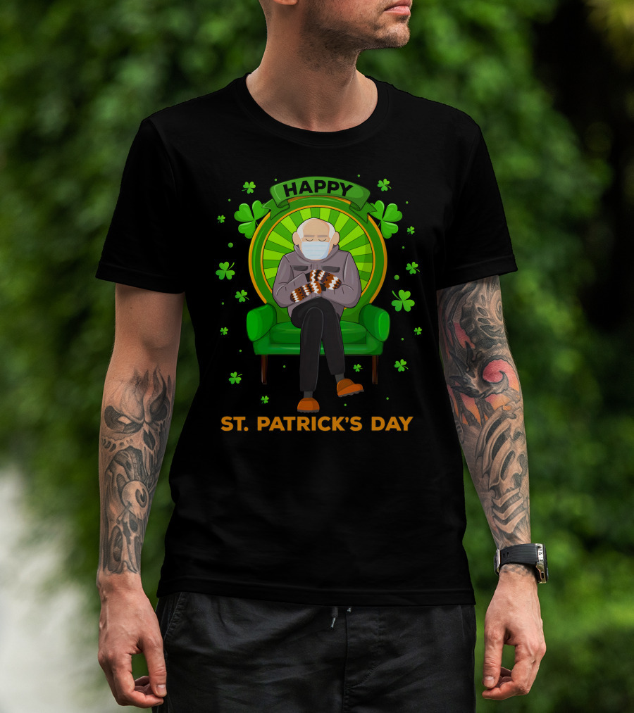 Happy St. Patrick's Day Masked Sitting Man With Mittens Surrounded By Clovers T-Shirt