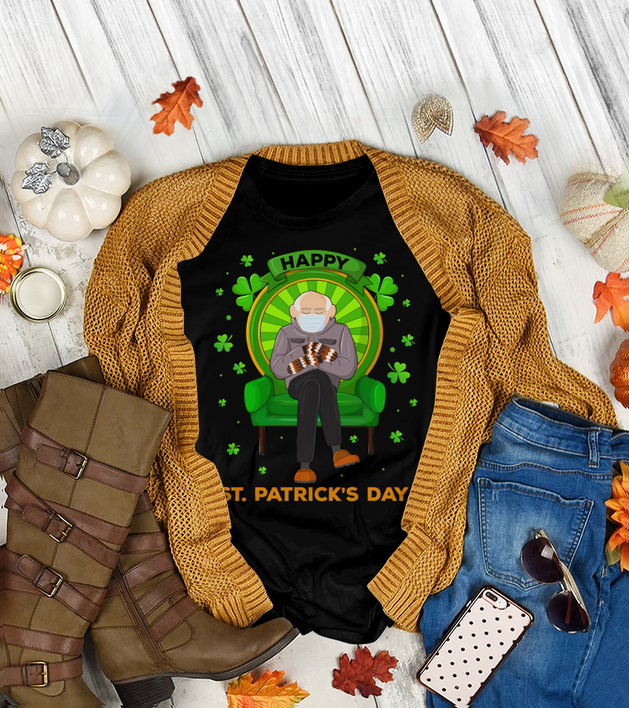 Happy St. Patrick's Day Masked Sitting Man With Mittens Surrounded By Clovers T-Shirt