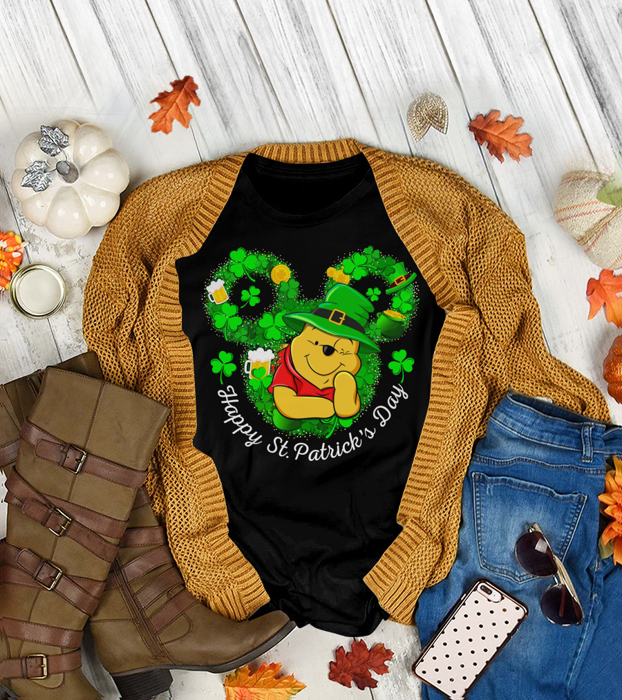 Happy St. Patrick's Day Pooh Shamrocks and Green Hat T-Shirt