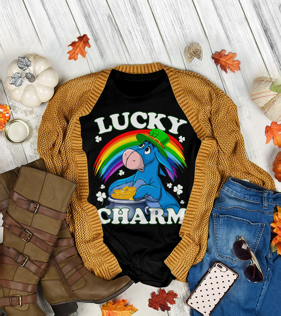 Eeyore Lucky Charm Rainbow Hat Coins Shamrocks T-Shirt