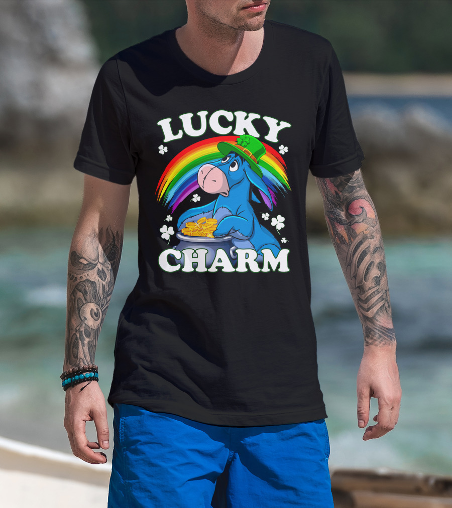 Eeyore Lucky Charm Rainbow Hat Coins Shamrocks T-Shirt