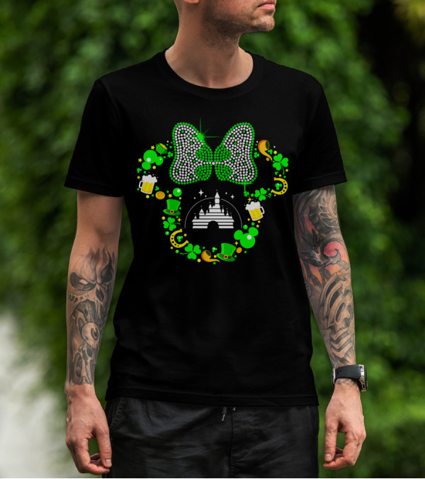 St. Patrick's Day Minnie Mouse Shamrock Castle Lucky Charm Party Bow T-Shirt