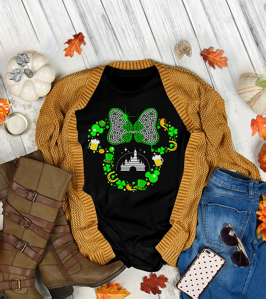 St. Patrick's Day Minnie Mouse Shamrock Castle Lucky Charm Party Bow T-Shirt