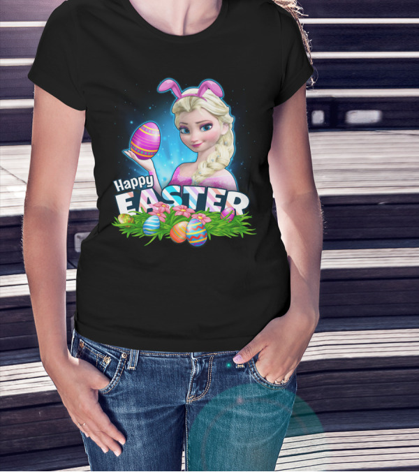 Elsa Happy Easter Bunny Ears And Colorful Eggs T-Shirt