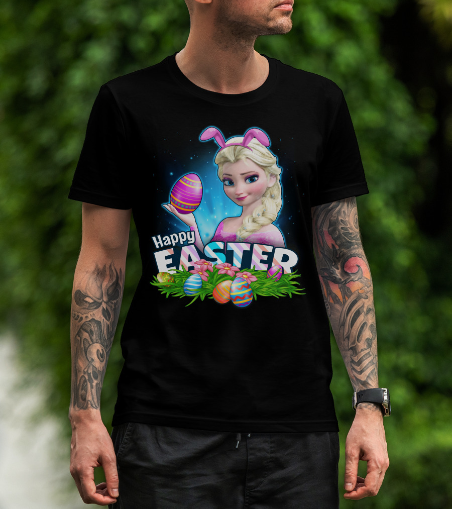 Elsa Happy Easter Bunny Ears And Colorful Eggs T-Shirt