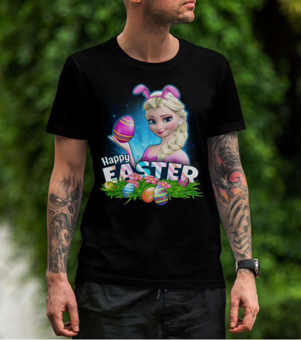 Elsa Happy Easter Bunny Ears And Colorful Eggs T-Shirt