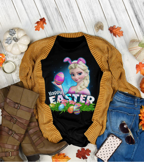 Elsa Happy Easter Bunny Ears And Colorful Eggs T-Shirt