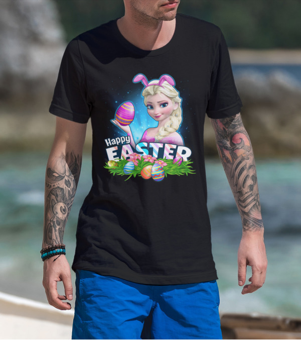 Elsa Happy Easter Bunny Ears And Colorful Eggs T-Shirt
