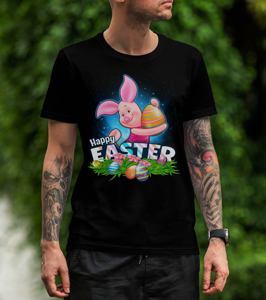Piglet Happy Easter With Colorful Eggs And Flowers T-Shirt