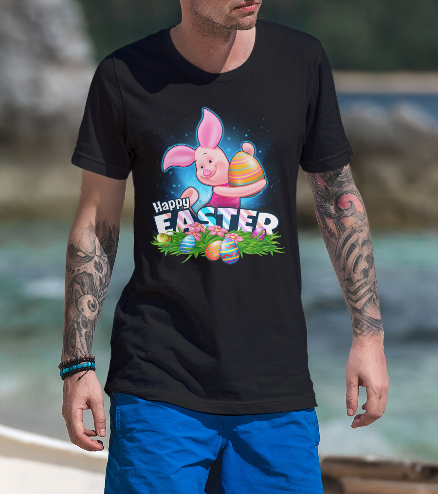 Piglet Happy Easter With Colorful Eggs And Flowers T-Shirt