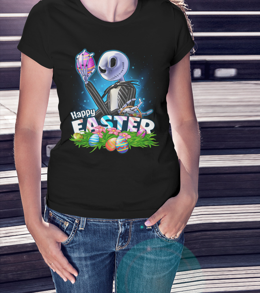 Jack Skellington Easter Celebration With Colorful Eggs And Flowers T-Shirt