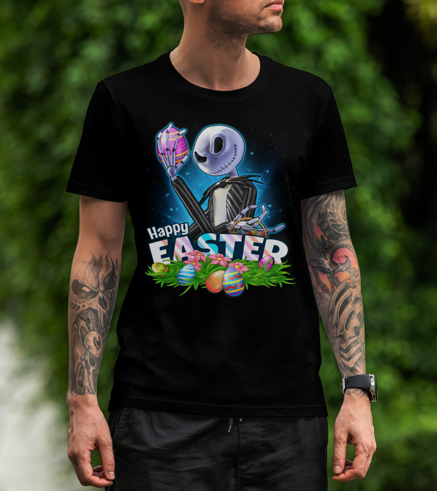 Jack Skellington Easter Celebration With Colorful Eggs And Flowers T-Shirt