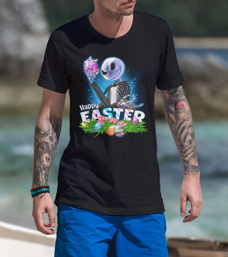 Jack Skellington Easter Celebration With Colorful Eggs And Flowers T-Shirt