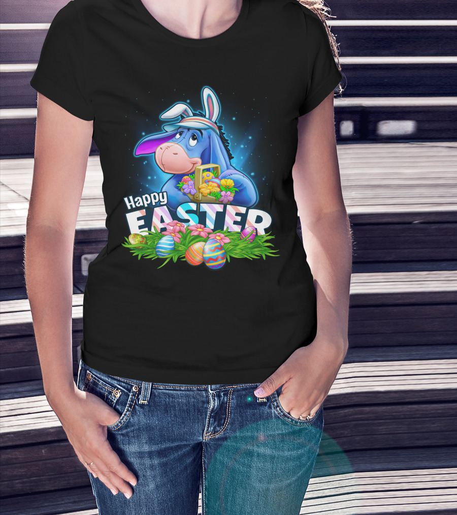 Happy Easter Eeyore With Basket And Colorful Eggs T-Shirt