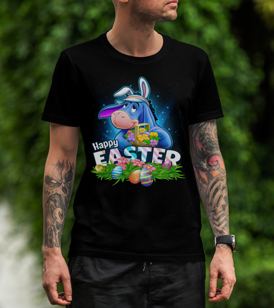 Happy Easter Eeyore With Basket And Colorful Eggs T-Shirt