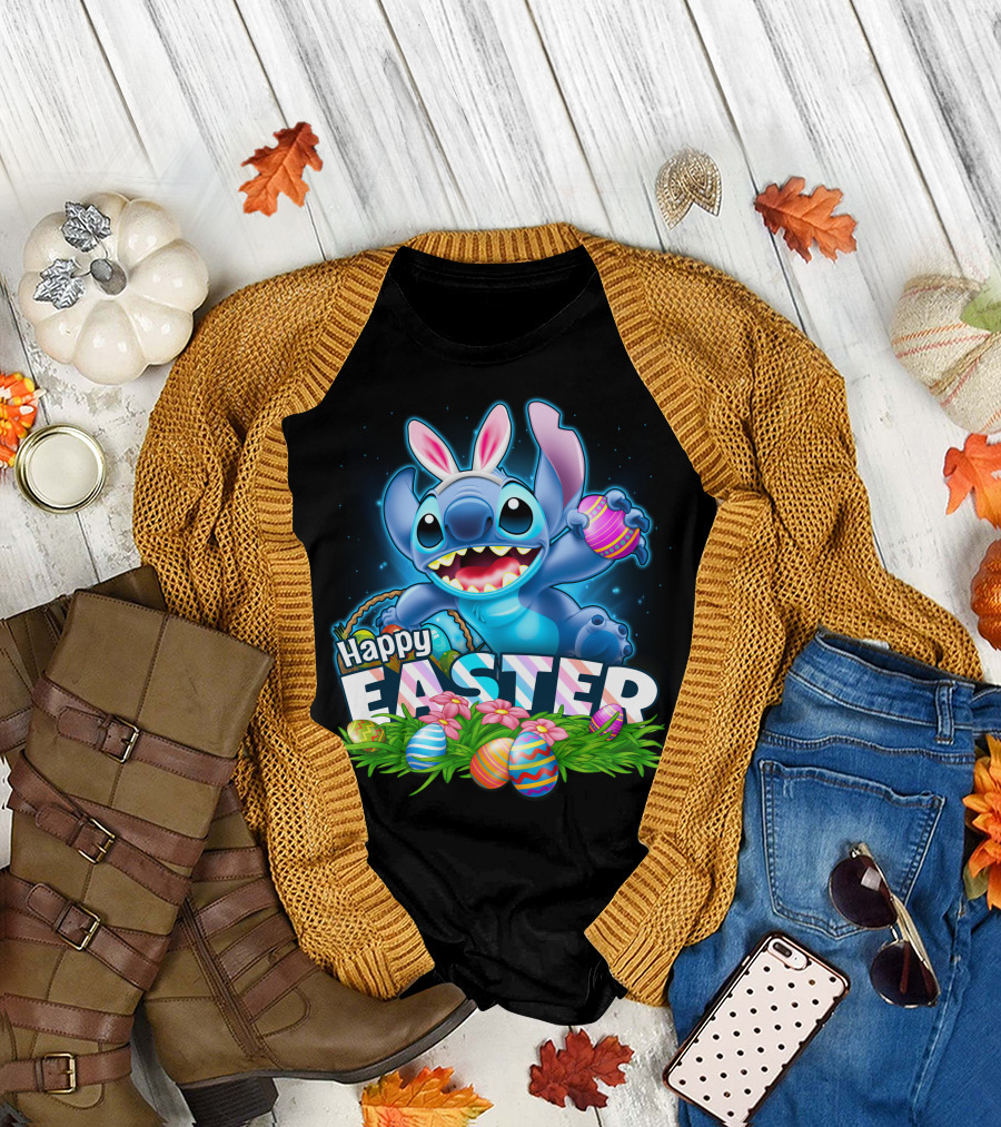 Happy Easter Stitch With Eggs And Bunny Ears T-Shirt
