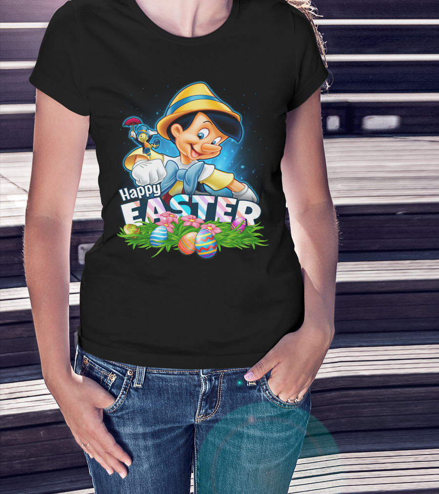 Pinocchio Happy Easter Colorful Eggs And Jiminy Cricket T-Shirt