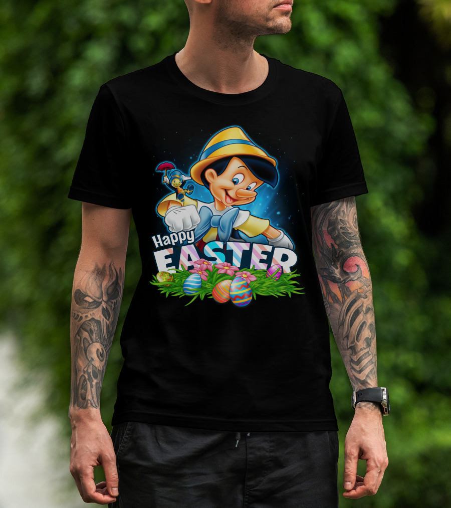 Pinocchio Happy Easter Colorful Eggs And Jiminy Cricket T-Shirt