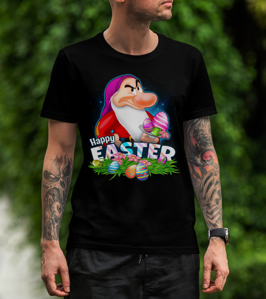 Happy Easter Grumpy Dwarf With Colorful Eggs And Flowers T-Shirt
