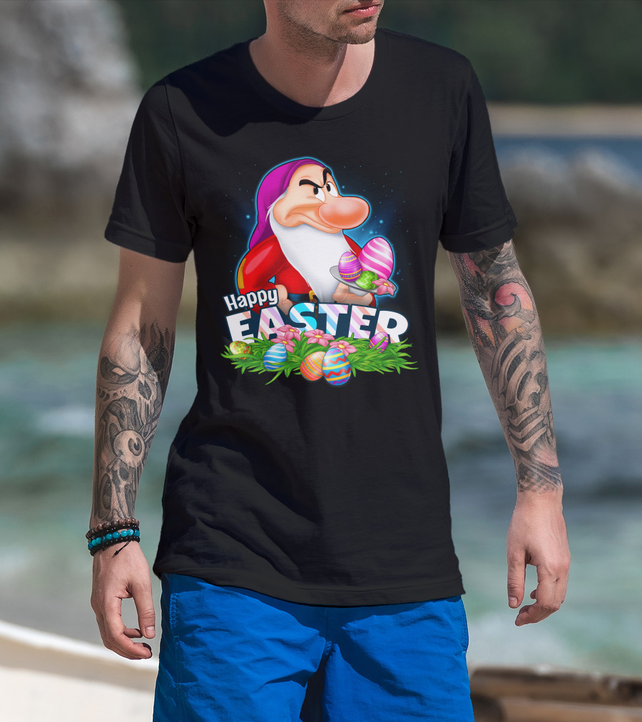 Happy Easter Grumpy Dwarf With Colorful Eggs And Flowers T-Shirt
