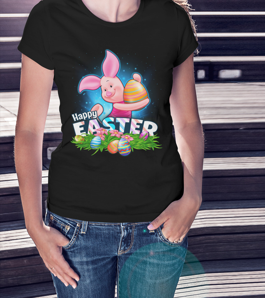 Piglet Happy Easter With Colorful Eggs And Spring Flowers T-Shirt