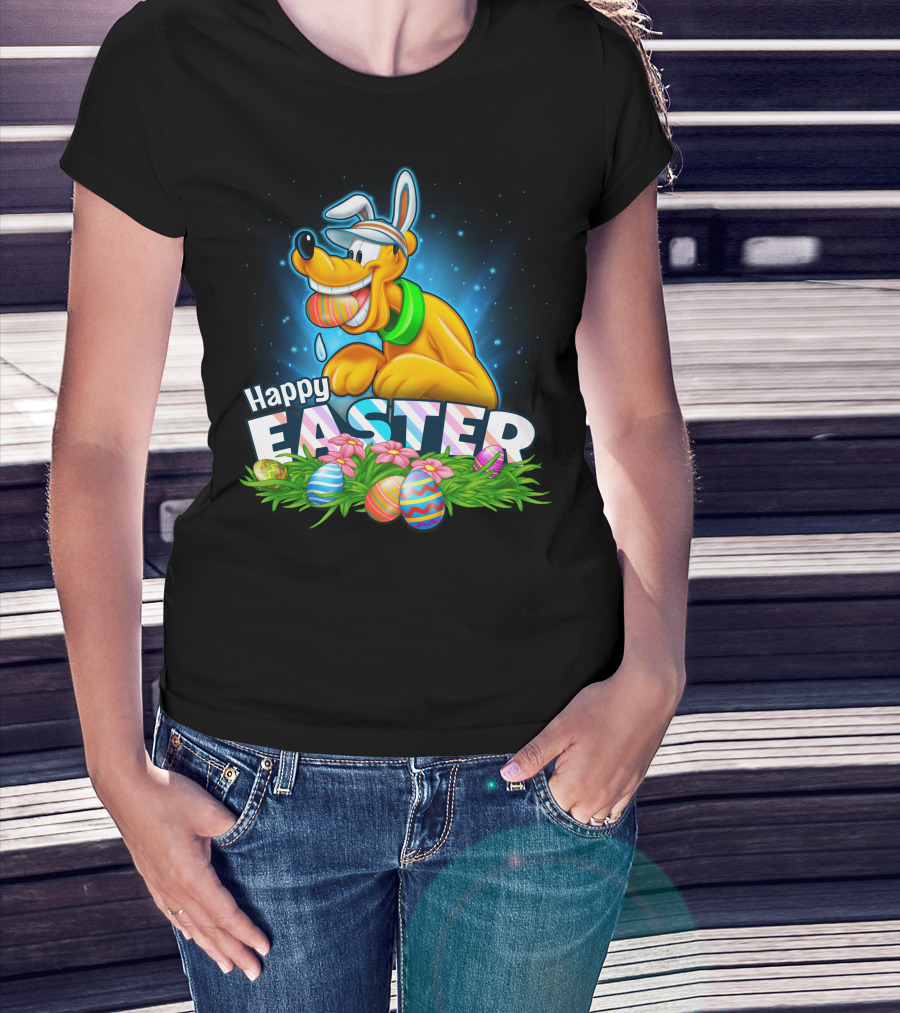 Pluto Happy Easter Colorful Eggs And Flowers Celebration T-Shirt