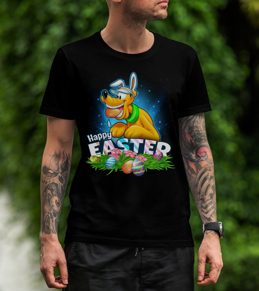 Pluto Happy Easter Colorful Eggs And Flowers Celebration T-Shirt