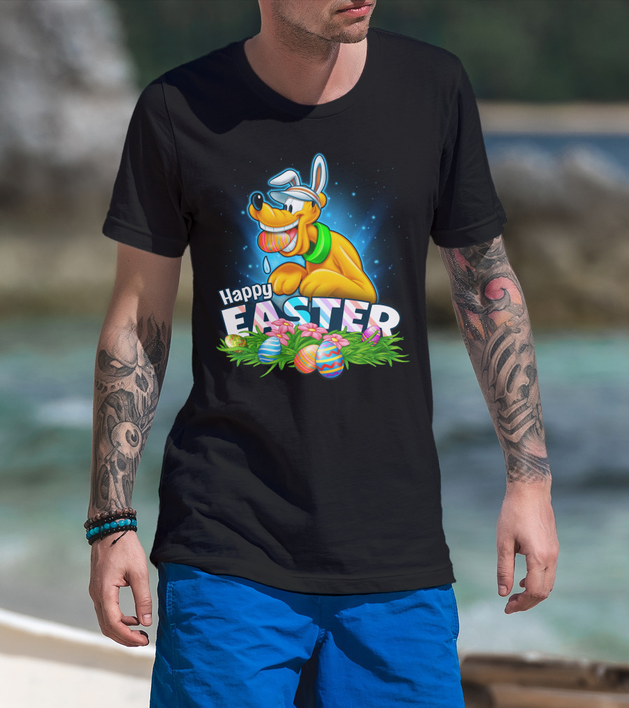 Pluto Happy Easter Colorful Eggs And Flowers Celebration T-Shirt