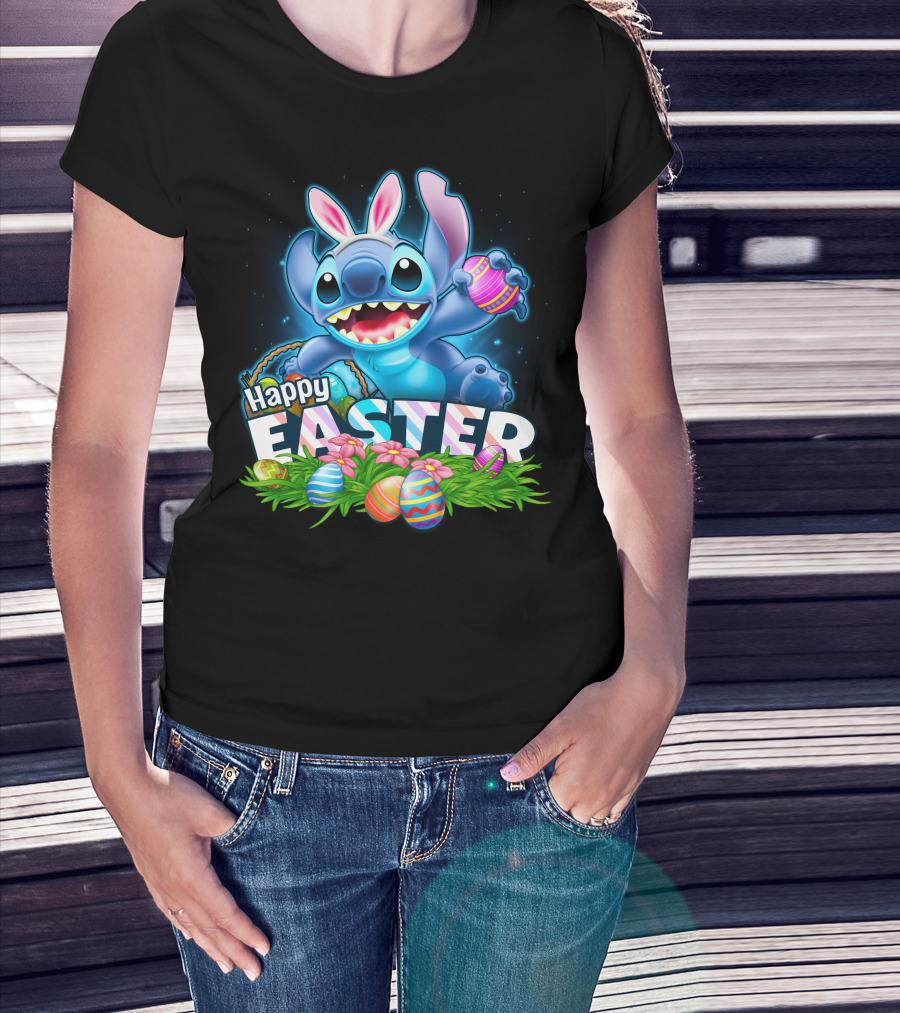Stitch Happy Easter With Bunny Ears And Colorful Eggs T-Shirt