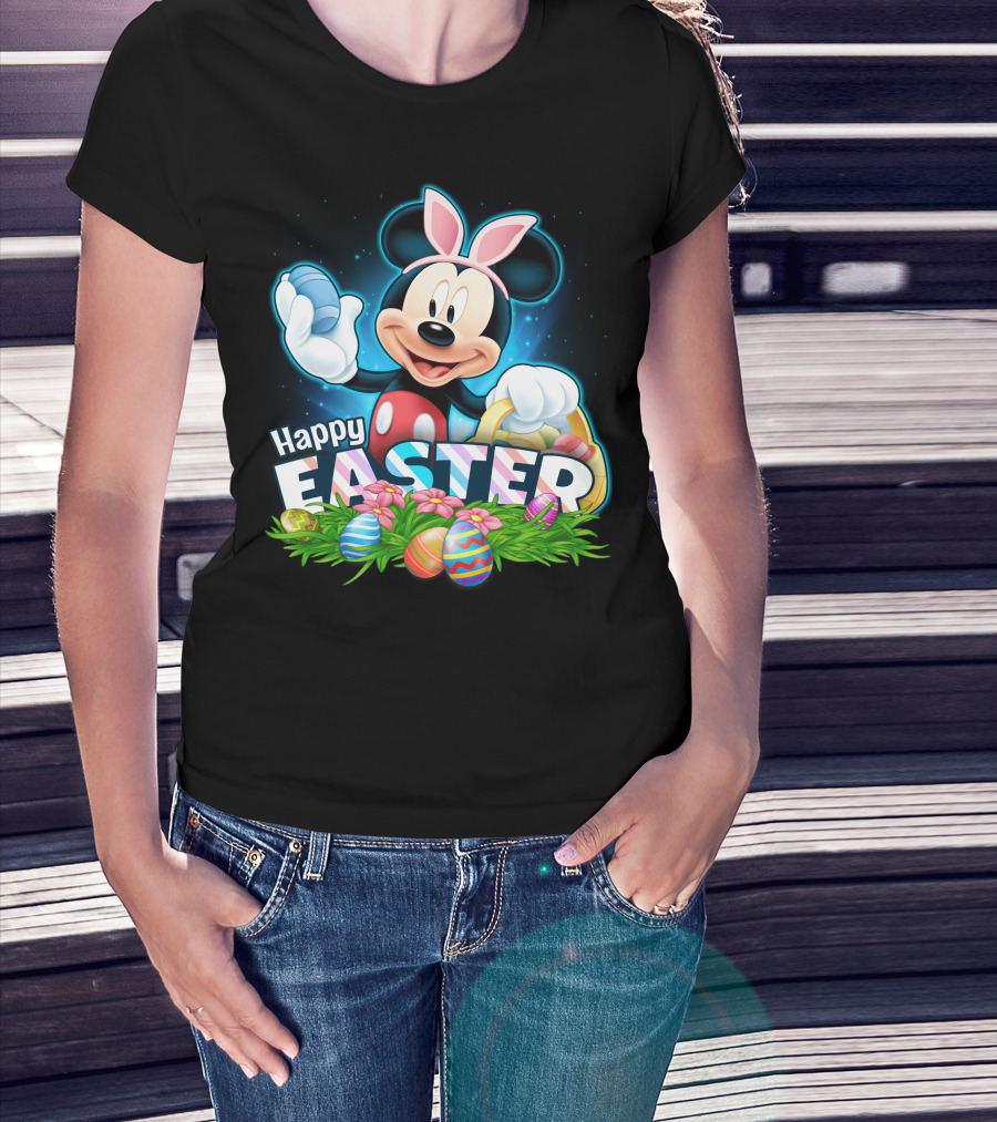 Mickey Mouse Happy Easter With Bunny Ears And Colorful Eggs Basket T-Shirt